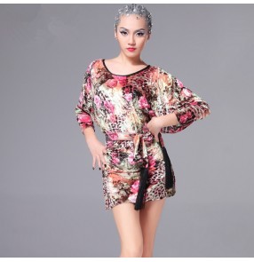 Yellow rose floral bat wing loose sleeves women's ladies female velvet competition performance ballroom latin cha cha  dance tops dresses